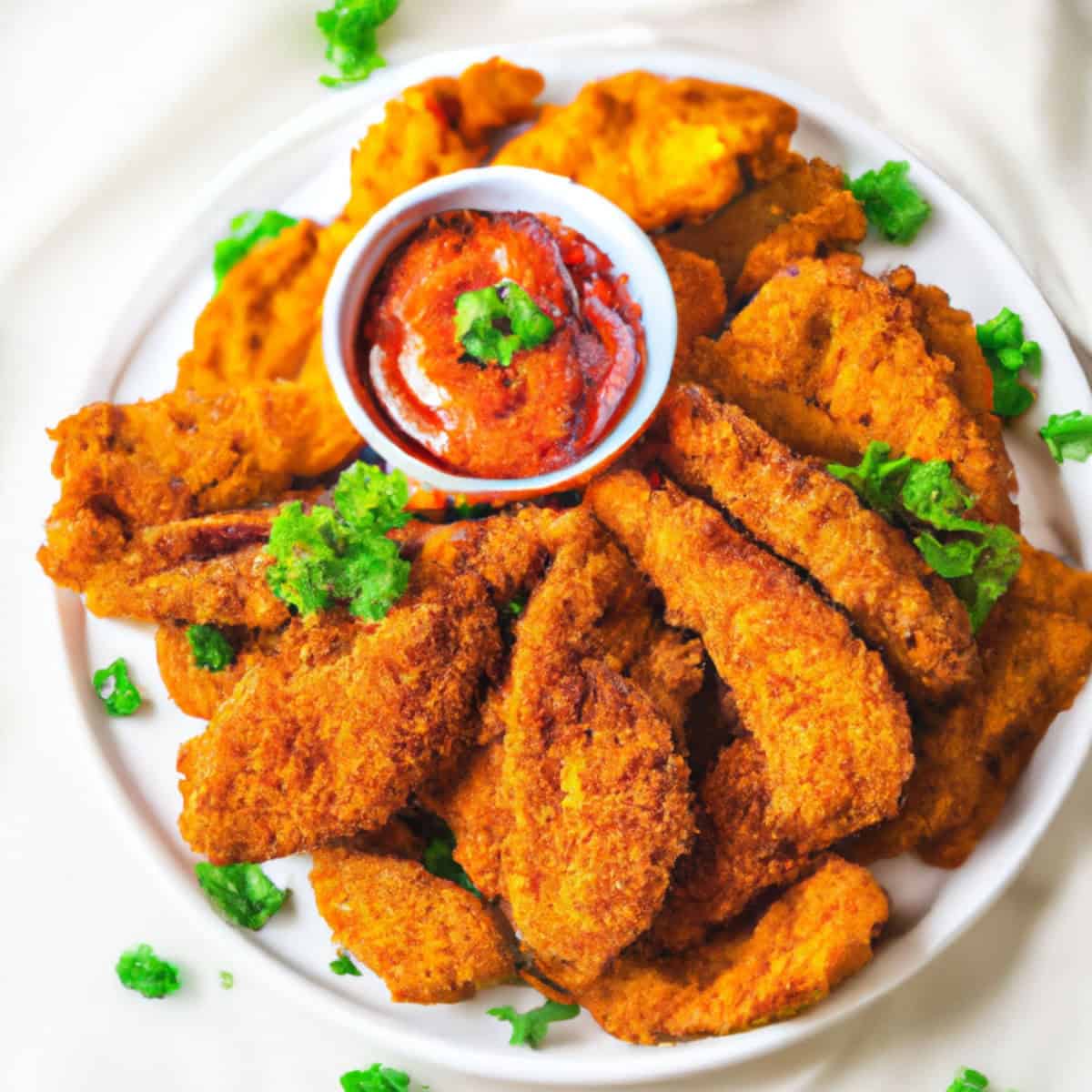 Crispy battered fish fillets with a side of spicy cocktail sauce, garnished with fresh green herbs on a white plate for seafood lovers.