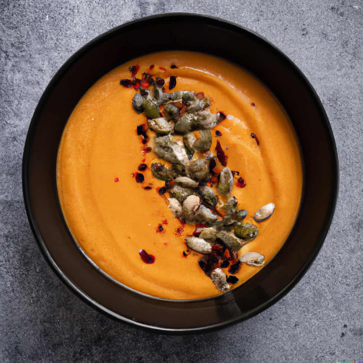 Rich, creamy orange pumpkin soup topped with roasted pumpkin seeds and red pepper flakes in a black bowl on a gray textured surface.